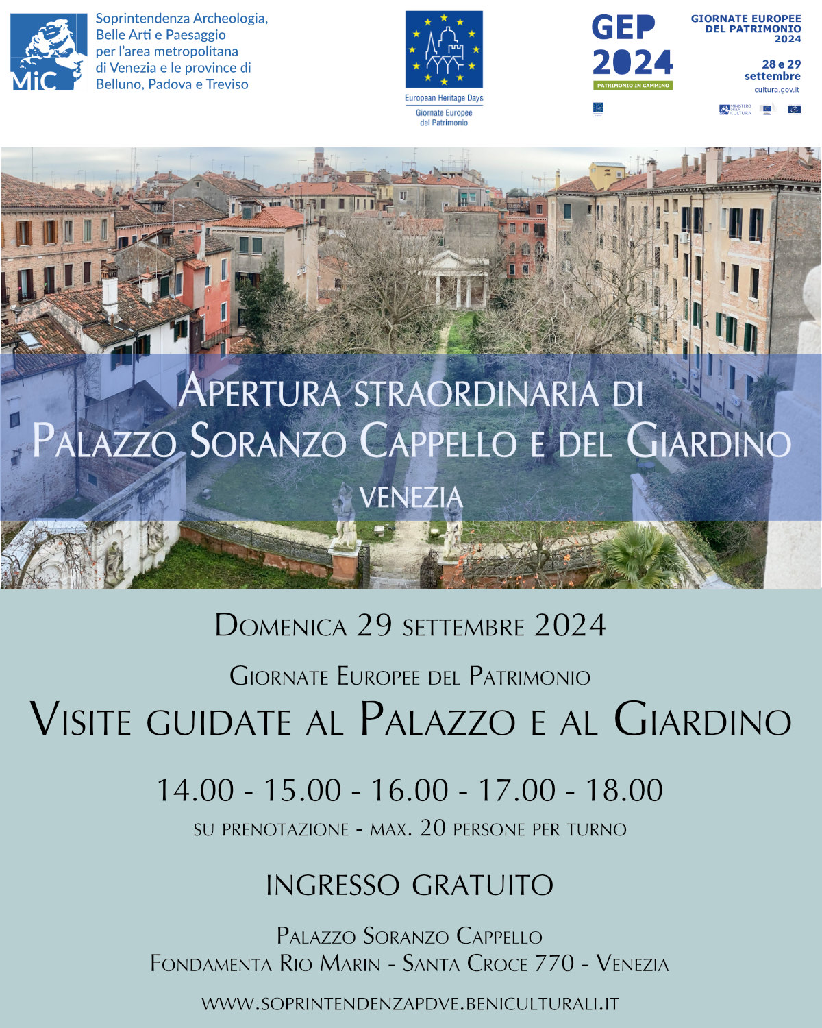 Giornate Europee del Patrimonio 2024: il 29 settembre apertura straordinaria e visite guidate di Palazzo Soranzo cappello e il suo giardino, sede della Soprintendenza